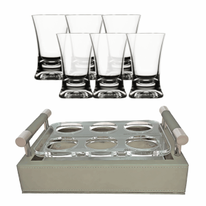 Faux Leather Tray + Shot Glasses Set, 6 Pcs – Beige