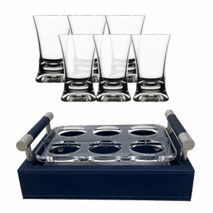 Faux Leather Tray + Shot Glasses Set, 6 Pcs – Blue